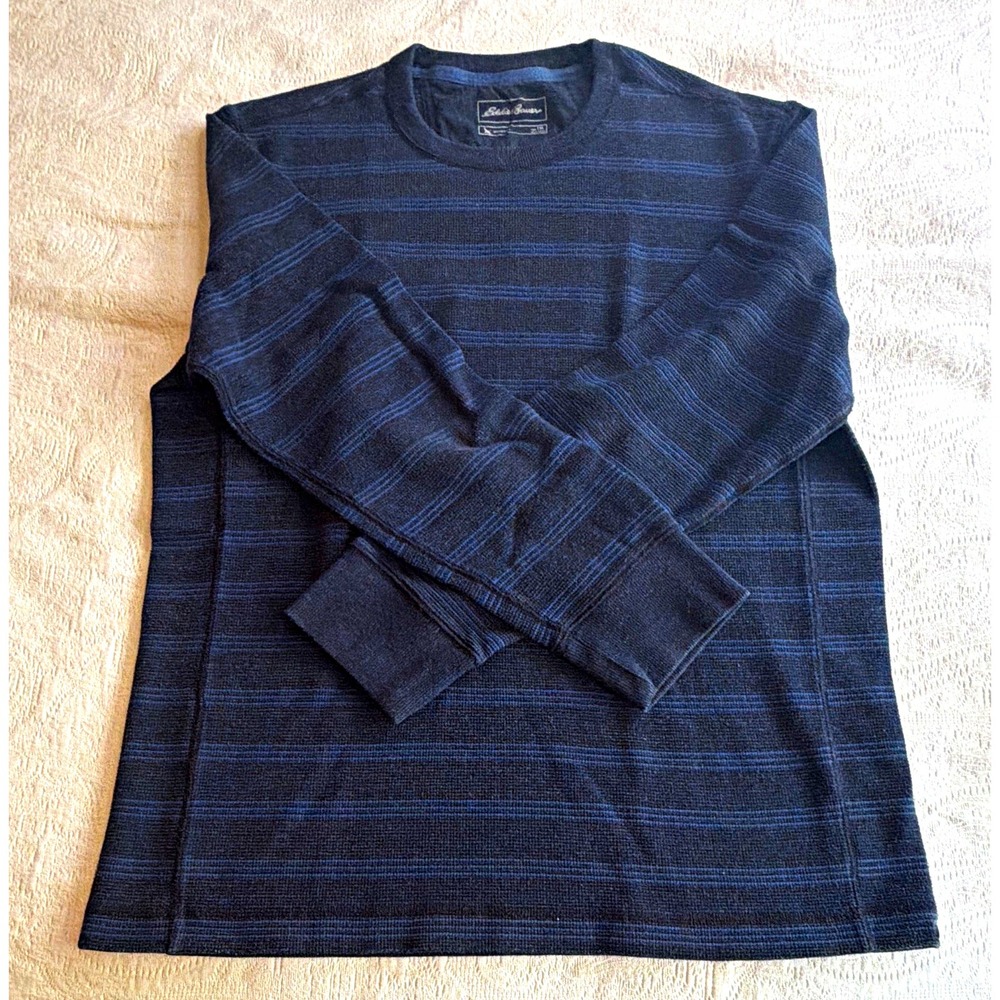 Eddie Bauer Men's Big 1X Blue Striped Cotton Knit Crewneck Sweater Logo